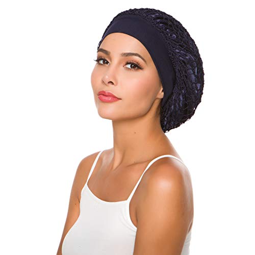 Women's Vintage Full Head Crochet Hair Net Snood Sleep Bonnet Cap Hair Accessories (Navy Blue)