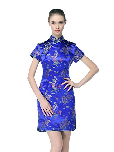 Bitablue Women's Royal Blue Chinese Dragon and Phoenix Knee-length Cheongsam