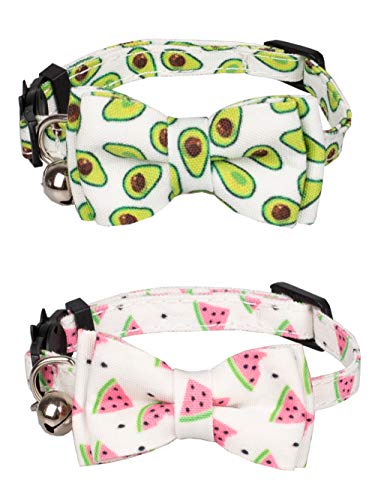Gyapet Collar for Cats Pets Breakaway with Bell Bowtie Floral Bow Detachable Adjustable Safety Puppy 2pcs Fruit-Watermelon & Avocado