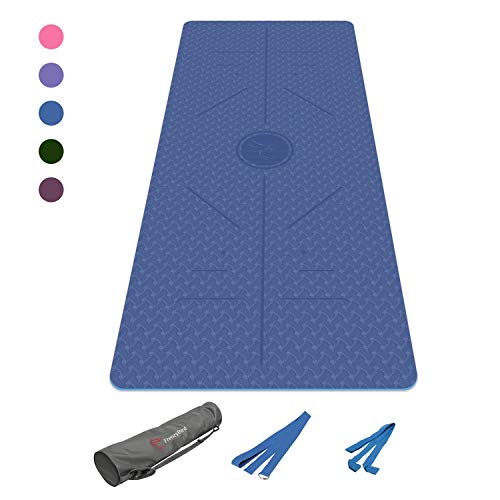 FrenzyBird Eco-Friendly,Reversible,Non-Slip,Double-Sided TPE Yoga Mat with Body Alignment System,Oxford Mat Bag and Strap, Free of PVC and Other Harmful Chemicals, Â¼ inch Thick,Ideal for Yogis