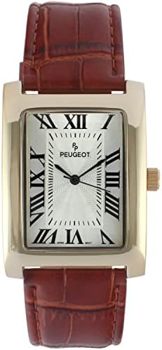 slim fit dress slacks Peugeot Women's 14K Gold-Plated 32mm Tank Shape Black Leather Strap Watch