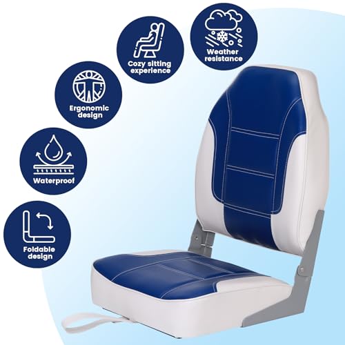 2 Pack High Back Folding Fishing Boat Seats, Fold-Down Boat Chairs with Thickened Sponge Padding and Hinges, Stainless Steel Screws Included, Fits Sightseeing Boats Speedboats Canoes, Blue