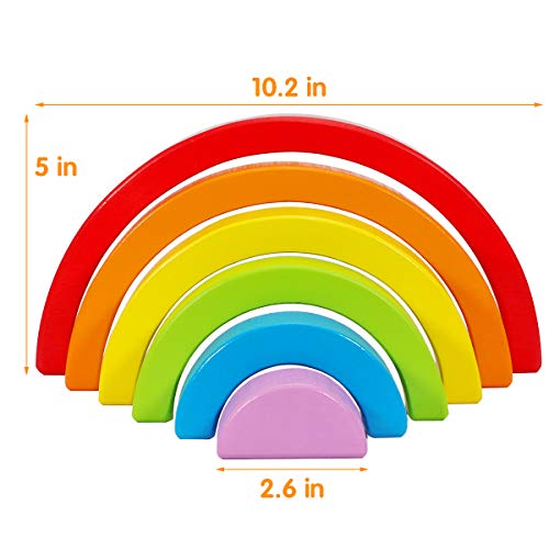 Dreampark Wooden Rainbow Stacking Game Stacker Nesting Puzzle Blocks, Color Shape Matching Educational Learning Toys for Kids Baby Toddlers 1 2 3 4 5 Years Old and Up (6 PCS)