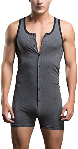 Verypoppa Men's Shorts Romper Sleeveless Button Front Gym Workout Nightwear Undershirt Jumpsuit