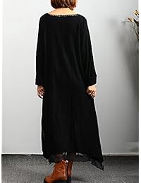 yesno AD5 Mujer Largo Suelto Maxi vestido una línea Falda de lana con forro empalmado hecho a mano cosido Irregular DIP dobladillo de encaje manga larga