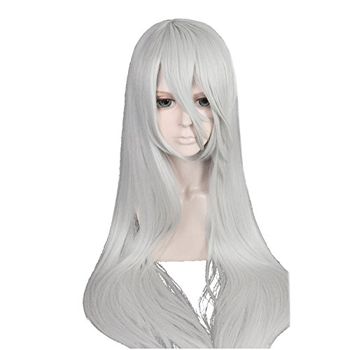 Anogol Hair Cap+Long Straight Cosplay Wig Silver White Synthetic Hair Women Costume Fancy Dress Halleween Wigs