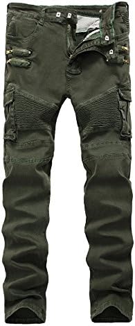 Juakita Barpsa Men's Biker Moto Skinny Army Green Fashion Slim Fit Denim Jeans 33