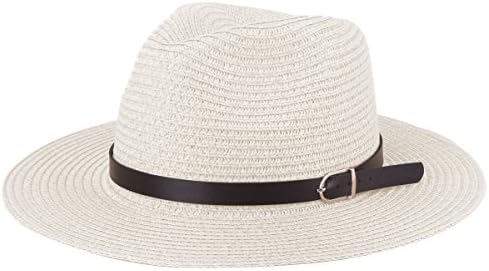 Andeker Panama Style Straw Fedora Hat Unisex Foldable Wide Brim Sun Hat with PU Leather Band (White)