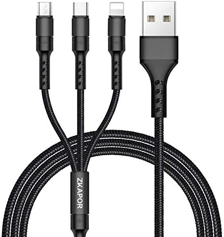 Multi Charger Cable, ZKAPOR Nylon Braided 3 in 1 Multiple USB Charging Cable with Micro USB Type C Multi Charger for Phone XS/X/ 8/7, Android Samsung, Huawei, Motorola, LG, OnePlus, Kindle, 1.2m