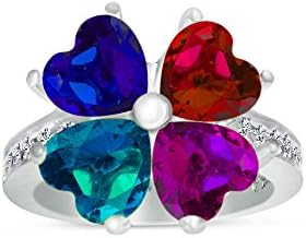 Build Your Ring - Personalized Sterling Silver Four Stone Heart Synthetic Birthstone Ring - Choose Your CZ Stones