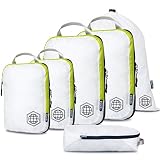 Compression Packing Cubes for Travel - Luggage and Backpack Organizer Packaging Cubes for Clothes (White and Green, 6 Piece Set)