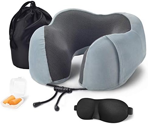 Songtai Memory Foam Travel Pillow-Neck Pillow for Airplane Travel with Eye Masks, Earplugs and Reusable Bag (Gray)