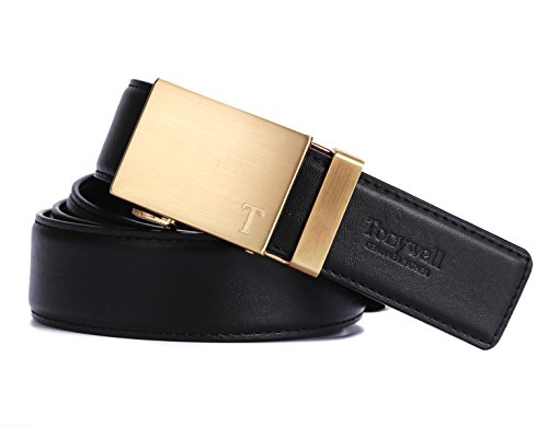 Tonywell Belts for Men Ratchet Belt with Removable Buckle 35mm Leather Belts Custom Fit (One Size:32"-45"Waist, Black Leather&Gold Metal Buckle)