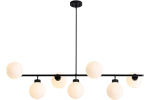 CROSSIO 7 Lights Modern Linear Chandelier Mid Century Black Sputnik Chandelier Milk Glass Globe Rectangle Chandelier for Dining Room Kitchen Island L47