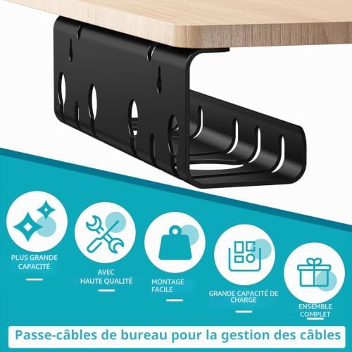 Goulotte de Câbles Bureau Lot de 2 en Métal avec Accessoires Noir