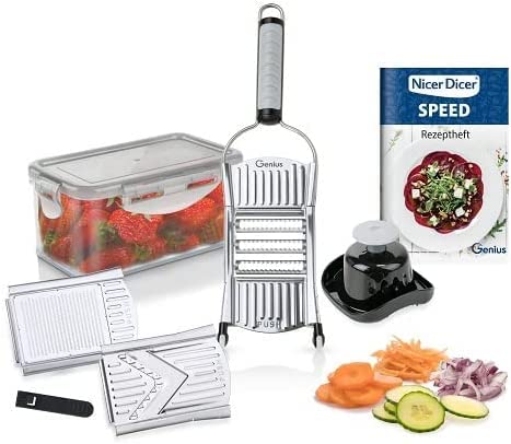 Genius Nicer Dicer Speed Set 9-tlg Multihobel - Gemüseschneider Gemüsehobel mit 3 Einsätzen, Schneidguthalter & Auffangbehälter 550ml | Parmesanreibe, Juliennereibe und V-Hobel, Silber