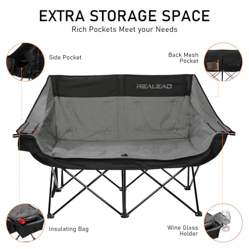 REALEAD Double Camping Chair - Heavy Duty Oversized Camping Couch for Adults Support 650 lbs - 2 Person Camping Chair with Cooler Bags - Padded Camping Loveseat for Outdoor Lawn Sports