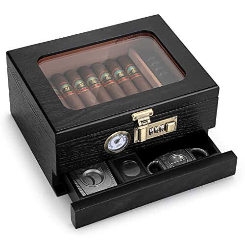 Tesonway Cigar Humidor, Cedar Wood Humidor Cigar Box, Glass Top Desktop