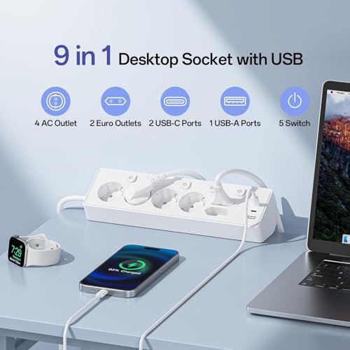 3M Power Strip with USB, 6 Power Sockets and 3 USB, PD 30W Power Strip with Surge Protection, 2 m Electric Power Strip with Switch for Desk, Office, Home