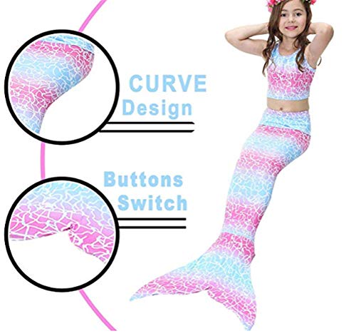 Kids Girls Sparkle Mermaid Tail with Monofin Swimmable Swimwear 4pcs Sets for Kids 3~10Years (140 (10-12 Years), Multi-Pink)