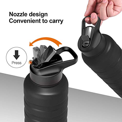 REYLEO Insulated Water Bottle with Straw Lid- 32 Oz Black, 2 Lids, 18/8 Stainless Steel Water Bottle, Keep Cold 36 Hours& Hot 12 Hours, Standard Mouth with Straw Lid