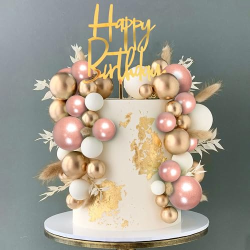 DRWATE Pearlescent Pink Balls Cake Topper Boho Grass Cake Topper Golden White Balls Happy Birthday Cake Decorations for Wedding Baby Shower Birthday Boho Themed Party Supplies (Pearlescent Pink)