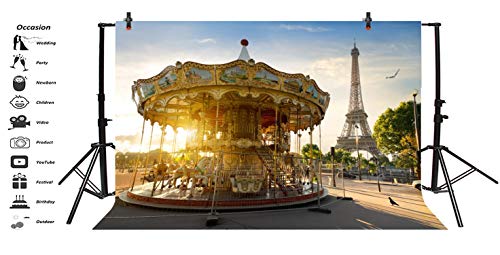 LFEEY 5x3ft Vinyl Eiffel Tower in Paris Backdrop Merry-go-Round Photography Background Holiday Travel in Park Holiday Party Backdrop Children Kids Adults Portraits Photo Studio Props