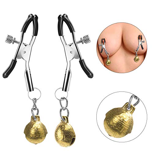 Nipple Clamps with Gold Bell – SEXY SLAVE Soft Rubber Tweezer Adjustable Nipple Clip, SM Fetish Breast Clit Sensual Bondage Nipple Sex Toy(Gold)