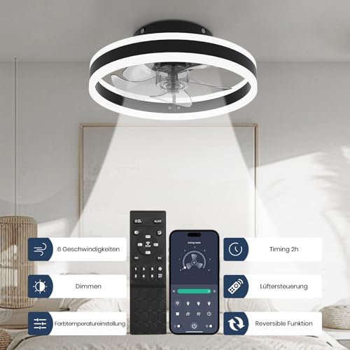 Nalezuns Ceiling Fan with Lights, Reversible Remote, 6 Speeds Modern Bedroom Fan Light, Quiet Dimmable Small Ceiling Light for Living Room, Black, 40cm