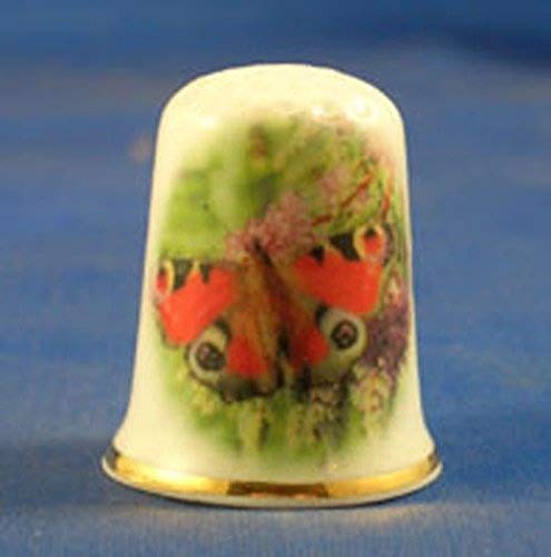 Porcelain China Collectable Thimble -- Peacock Butterfly on Lilac Flower with Free Gift Box