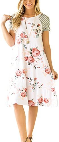 Minipeach Women Summer 3 4 Sleeve Floral Print A-Line Knee Length Casual T Shirt Dress,White02,Large