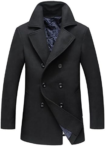 Men's Premium Wool Blend Double Breasted Long Pea Coat (S, YKD-1883-Black)