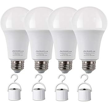 Rechargeable Emergency Light Bulb JackonLux UL Listed Battery Operated Light Bulb Power Outage Camping Reading Lighting Hurricane 9W 850 Lumens Soft White 3000K E26 120 Volt 4-Pack