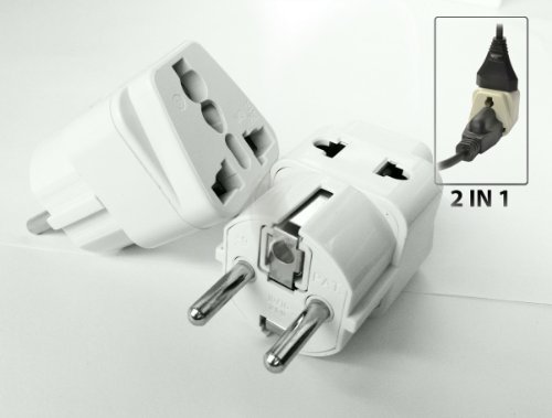 Tmvel TMV-S2IN1 Grounded Universal 2 in 1 Schuko Plug Adapter Type E/F for Germany, France, Europe, Russia & more - CE Certified - RoHS Compliant - 2 Pack