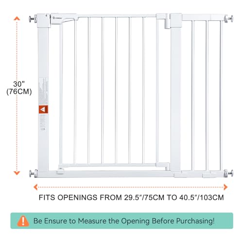 COMOMY Extendable Safety Barrier 75-103 cm, Child Safety Barrier with Automatic Closing System, 7 cm and 14 cm Extensions, White