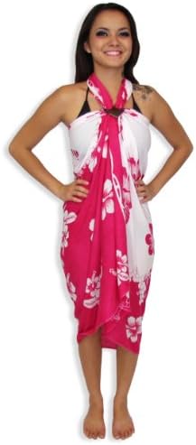 White Pink Sarong Swimsuit Cover-up Pareo with Hibiscus Flowers with FREE Sarong Tie Accessory