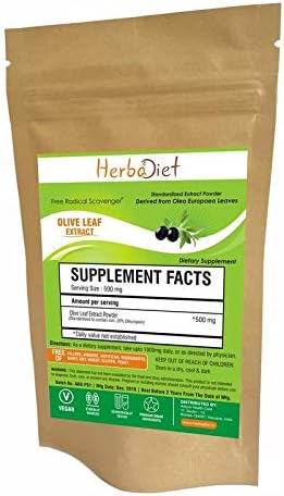 HerbadietOlive Leaf Extract 20% Oleuropein | 500mg Powder Non-GMO Super Strength | Antioxidant Supplement Immune System Booster Cardiovascular Support