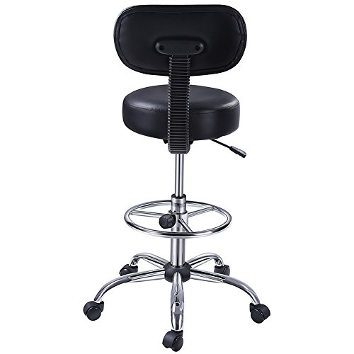 Drafting Stool with Adjustable Foot Rest, Superjare Rolling Chair w' Back Cushion, Black