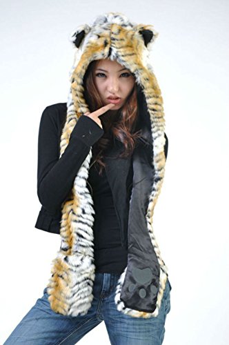 Tiger Full Animal Hood Hoodie Hat Faux Fur 3 in 1 Function Paw Mittens Gloves