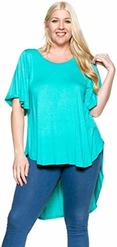 {4001X BAGEL FASHION} WOMEN'S FASHIONABLE PLUS SIZE SUPER SOFT HI-LOW SHORT SLEEVE ROUND NECK TOPS (2X LARGE, MINT)