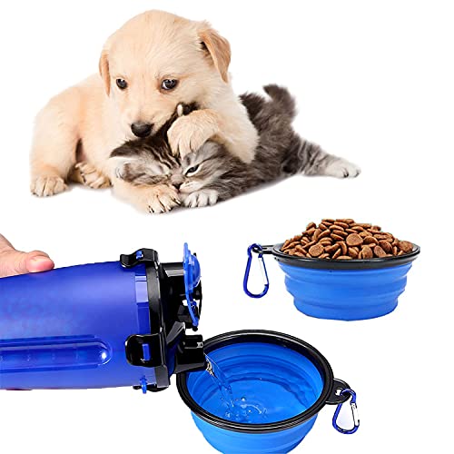 Dogs Travel Water Bottle, Leak Proof Puppy Bottle Water Dispenser with Bowls for Walking (Blue)