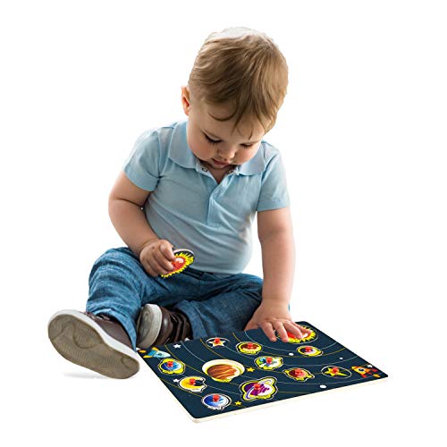 Wooden Peg Puzzle, Planets Theme - Learning Educational Pegged Puzzle for Toddler & Kids (12 pcs) Gleeporte