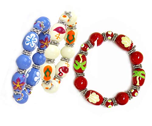 Linpeng BR-1356/57/90 Juego de pulseras elásticas con cuentas de vidrio pintadas a mano de estilo Fiona Hawaii de 3 piezas