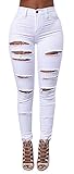 Baifern Women's Ripped Washed Hole Denim Long Jeans (Small, White)