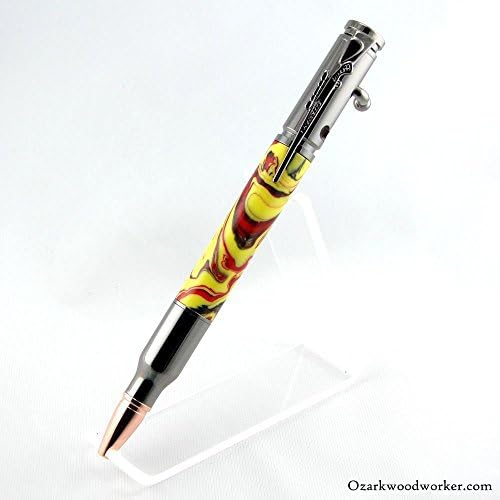 30 Caliber Bullet Bolt Action Custom Handmade Acrylic Ballpoint Pen Red-Black-Yellow Hand Turned Gun Metal