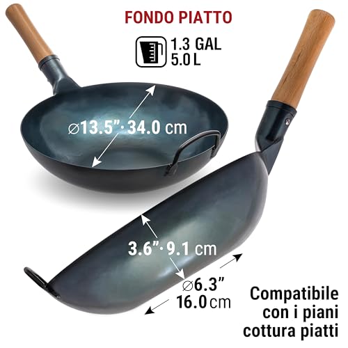 YOSUKATA Professional Wok Pan 34 cm – Traditional Wok Carbon Steel Blue Pre-Conditioned Flat Bottom – Original Chinese Frying Pan – Suitable for Electric Induction Gas and Open Fire