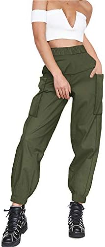 Women's Cargo Pants, Casual Outdoor Solid Color Elastic High Waisted Baggy Jogger Workout Pants with Pockets