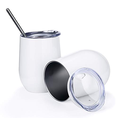 2 Pack 12 oz Wine Tumbler with Lids, Double Wall Vacuum Insulated Stainless Steel Stemless Wine Glass, Travel Coffee Mug Cup for Wine, Drinks, Champagne, Cocktails (Include Straws & Brush) (White)