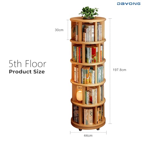DAYONG 5-Tier Rotating Bookshelf, Large Capacity Solid Wood Bookcase with Wheels, Space-Saving Book Shelf Storage Display Rack Floor Standing Shelves for Small Space, Corner, Office (Natural)