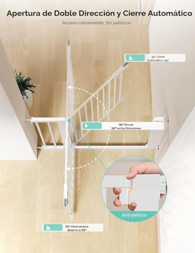 COMOMY 75-117cm Child Safety Barrier Stairs, Gate for Dogs Babies Automatic Closing with Red/Green Sign, Extra Wide Child Safety Fence Without Holes (76cm H, White)